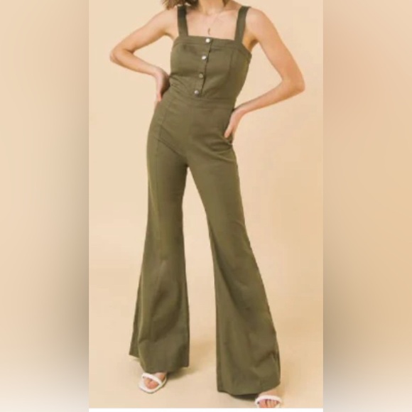 Jealous Tomato Pants - Jealous Tomato Olive Green Flare Jumpsuit
